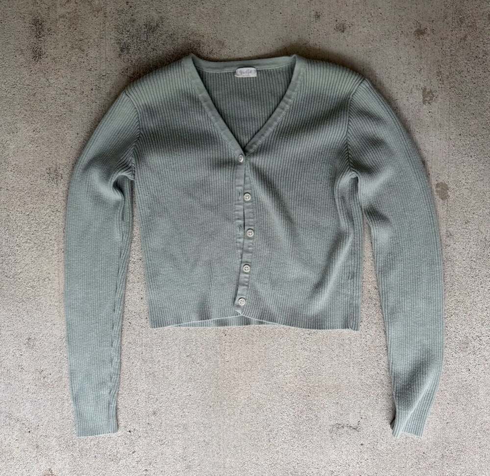 John Galt Sage Green Cropped Rib-Knit V-Neck Cardigan
